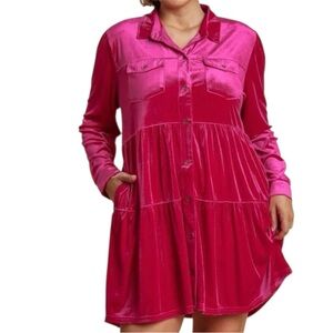 Umgee Raspberry Fuchsia Velvet Button-Up Tunic Dress 1XL NWT